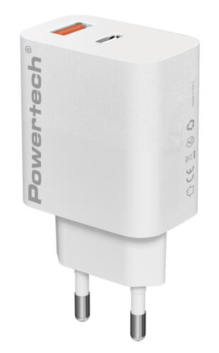 POWERTECH φορτιστής τοίχου PT-1437 USB/USB-C 20W GaN λευκός