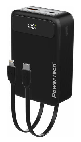 POWERTECH power bank PT-1504 με καλώδια & οθόνη 20000mah 22.5W μαύρο