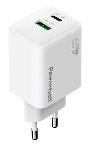 POWERTECH φορτιστής τοίχου PT-1551 USB/USB-C 45W GaN AVS λευκός