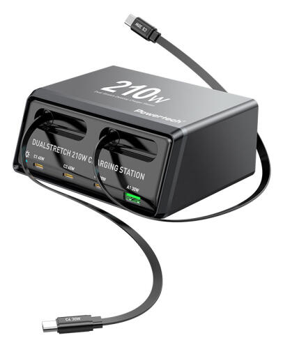 POWERTECH σταθμός φόρτισης PT-1623 USB/3x USB-C/2x USB-C καλώδια GaN 160W μαύρος