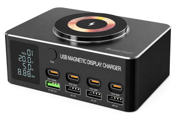 POWERTECH σταθμός φόρτισης PT-1625 με οθόνη 4x USB/4x USB-C/wireless 140W μαύρος
