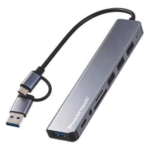 POWERTECH USB hub PTR-0205 με card reader 8 θυρών USB & USB-C σύνδεση γκρι
