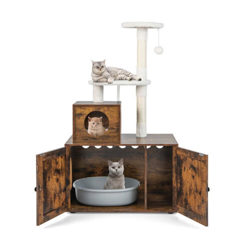 Costway Ξύλινο Ντουλάπι για Αμμολεκάνη Γάτας με Στύλο Γρατζουνίσματος Νυχιών 77.5 x 48.5 x 132 cm Costway PV10055CF