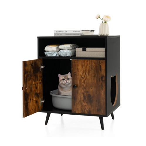 Ξύλινο Ντουλάπι για Αμμολεκάνη Γάτας με 2 Πόρτες 60 x 45 x 75 cm Costway PV10077CF