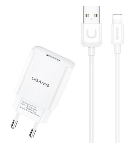 USAMS φορτιστής τοίχου T21OCLN01 με καλώδιο Lightning USB 2.1A λευκός