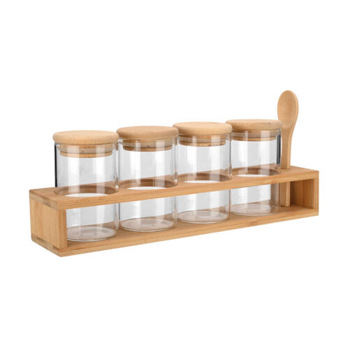 Estia Δοχεια Μπαχαρικων Γυαλινα Σετ 5 Τεμ 27x6.5x12.5cm Με Βαση Bamboo Και Κουταλι  01-28206