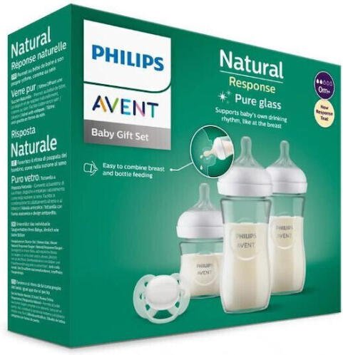 Philips Avent Σετ για νεογέννητα Natural Response γυάλινο (2 μπιμπερό 240ml, 1 μπιμπερό 120ml, 1 πιπίλα ultra soft 0-6 μηνών, 1 θηλή αργής ροής, 2 θηλές μεσαίας ροής)