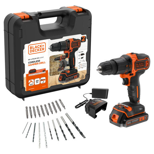Black & Decker Σετ  Κρουστικό Δραπανοκατσάβιδο Μπαταρίας 18V 1x 2Ah, 400 mAH Φορτιστής, 20 Αξεσουάρ + Θήκη Μεταφοράς και Αποθήκευσης