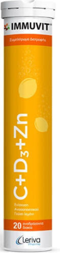 Leriva Pharma Immuvit C+D3+Zn Βιταμίνη για Ενίσχυση του Ανοσοποιητικού & την Υγεία των Οστών Λεμόνι 20 αναβράζοντα δισκία