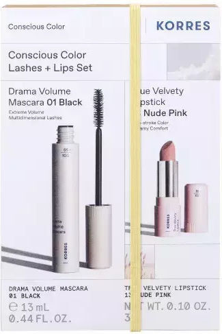 Korres Conscious Color Eyes & Lips Set , Σετ με Μάσκαρα Black 01 13ml & Κραγιόν 13 Nude Pink 3gr