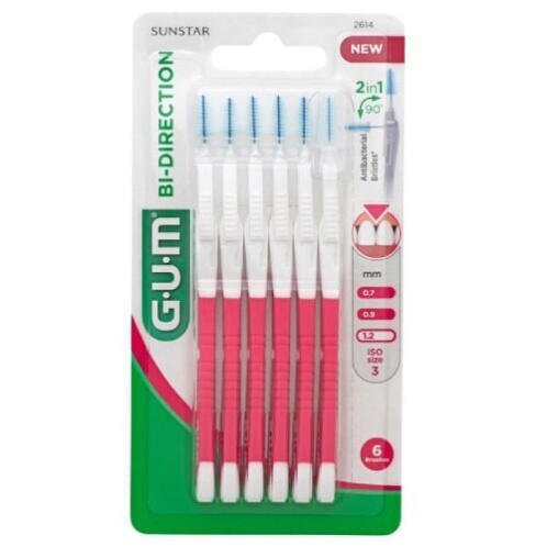 GUM Bi-direction Μεσοδόντια Βουρτσάκια με Λαβή 1.2mm Κόκκινα 6τμχ