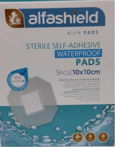 Alfashield Sterile Self-Adhesive Waterproof Pads Αδιάβροχο Αυτοκόλλητο Επίθεμα 10x10 cm 5 τμχ