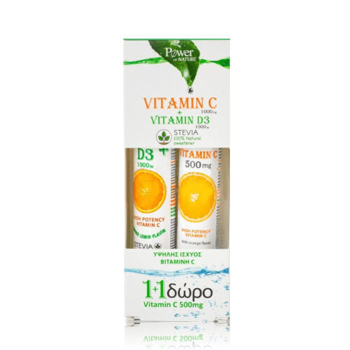 Power Of Nature Vitamin C 1000mg & D3 1000iu Stevia 24 αναβράζοντα δισκία & Vitamin C 500mg 20 αναβράζοντα δισκία