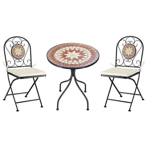Bakaji 02834542 Σετ Τραπέζι και Πτυσσόμενες Καρέκλες Μωσαϊκό Έπιπλα Εξωτερικού Χώρου Κήπου Μεταλλικό Με Μαξιλάρι