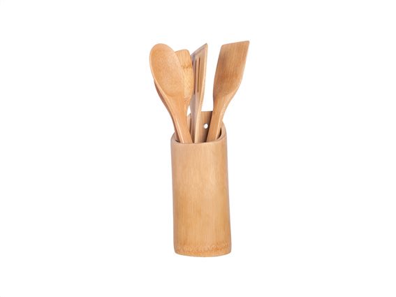Bamboo Σετ Ξύλινα Εργαλεία Κουζίνας από Μπαμπού 5 τεμ. με Βάση Αποθήκευσης