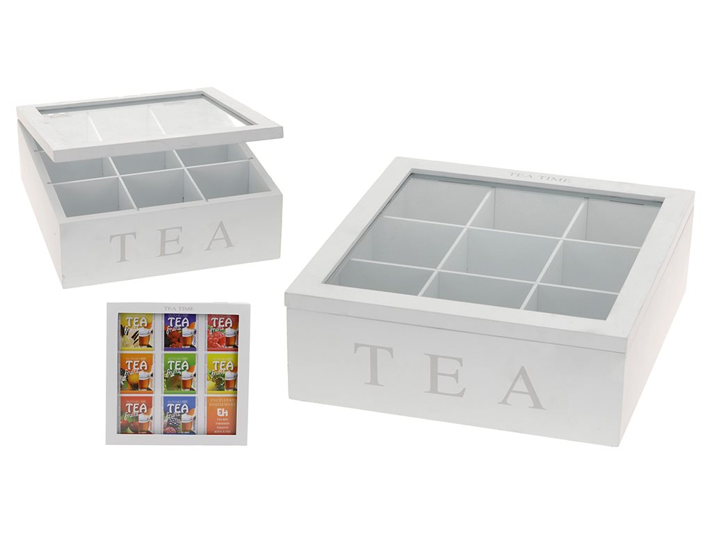 Ξύλινο Πρακτικό Κουτί αποθήκευσης για φακελάκια τσαγιού Tea box με 9 θέσεις22x22x9cm σε Λευκό χρώμα