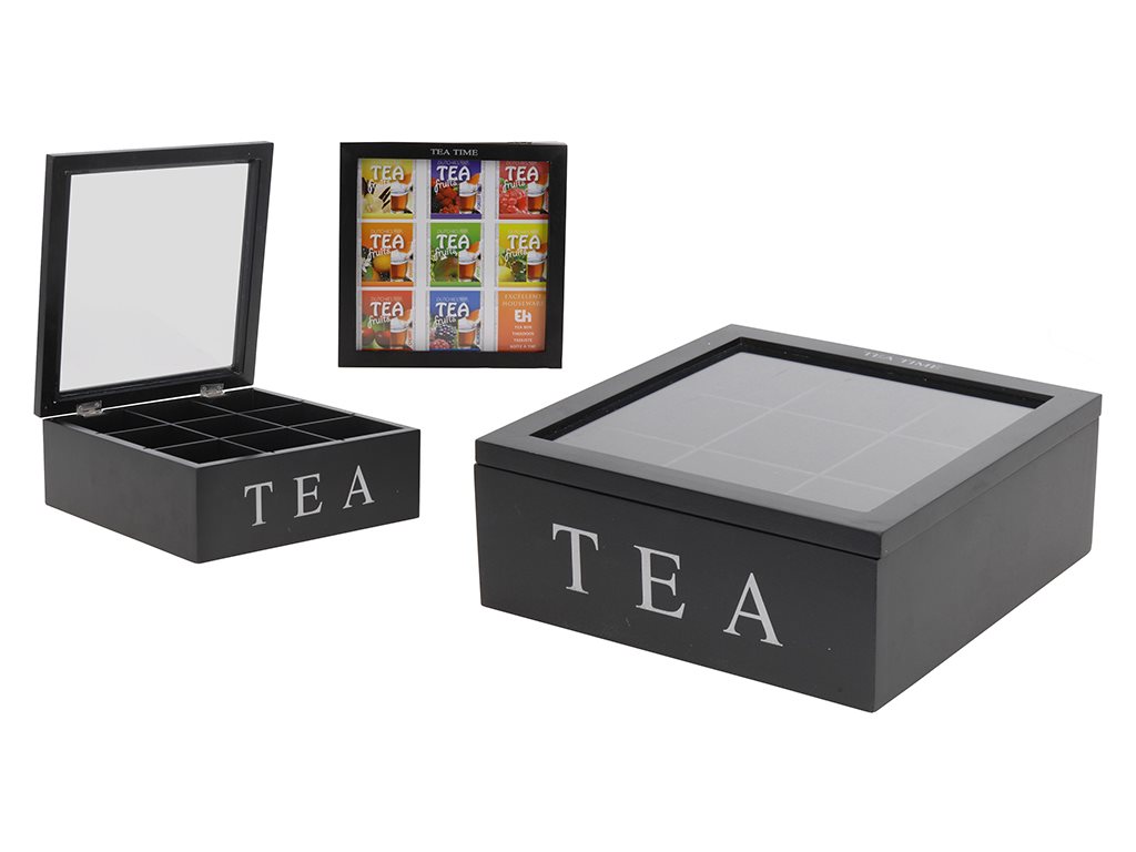 Ξύλινο Πρακτικό Κουτί αποθήκευσης για φακελάκια τσαγιού Tea box με 9 θέσεις22x22x9cm σε Μαύρο χρώμα