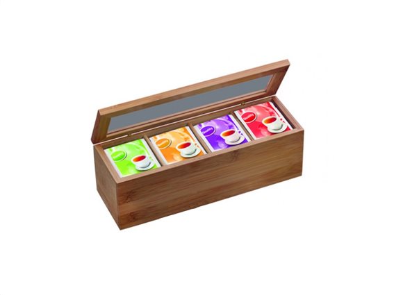 Ξύλινο Πρακτικό Κουτί αποθήκευσης για φακελάκια τσαγιού Tea box με 4 διαμερίσματα 26.5x9x9cm, 32416