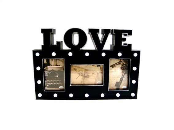 Πλαστική Κορνίζα 30x45x3cm Μοντέρνα Σύνθεση με θέμα LOVE και LED για 3 Φωτογραφίες σε Μαύρο χρώμα