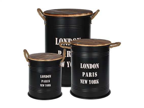 Σετ Vintage Βαρέλια Δοχεία αποθήκευσης 3 τεμ. σε Μαύρο ματ χρώμα, London Paris New York HZ1902260