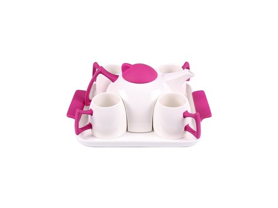 Σετ Τσαγιέρα Καφετιέρα Σερβιρίσματος με 4 φλυτζάνια κούπες σε Λευκό και Ροζ χρώμα, EKO FP44438
