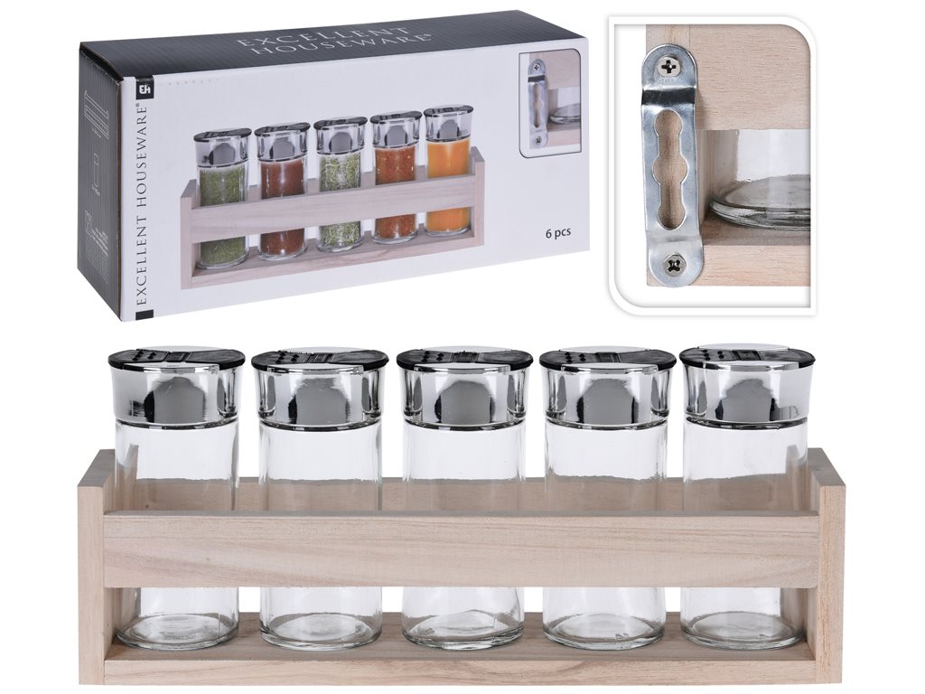 Excellent Houseware Σετ Γυάλινα Βαζάκια Μπαχαρικών 6 τεμάχια με Καπάκια 90ml 26.2x5cm CD1000770