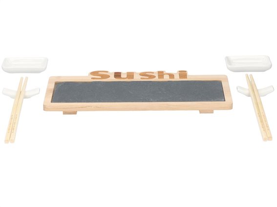 Sushi Σετ σερβιρίσματος 7 τεμαχίων με ξυλάκια, ορθογώνια πλάκα σερβιρίσματος από σχιστόλιθο, Alpina