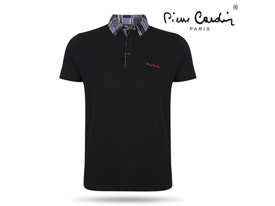 Pierre Cardin Ανδρικό Μπλουζάκι Polo T-shirt με κοντό μανίκι κουμπιά και καρό γιακά σε μαύρο χρώμα Small