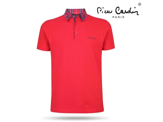 Pierre Cardin Ανδρικό Μπλουζάκι Polo T-shirt με κοντό μανίκι κουμπιά και καρό γιακά σε κόκκινο χρώμα XXLarge