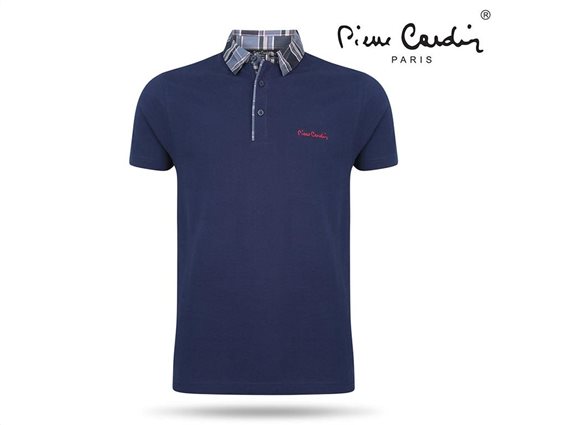 Pierre Cardin Ανδρικό Μπλουζάκι Polo T-shirt με κοντό μανίκι κουμπιά και καρό γιακά σε μπλε χρώμα