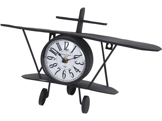 Επιτραπέζιο Μεταλλικό Ρολόι σε σχήμα Αεροπλάνου, σε μαύρο χρώμα,  22x36x12 cm