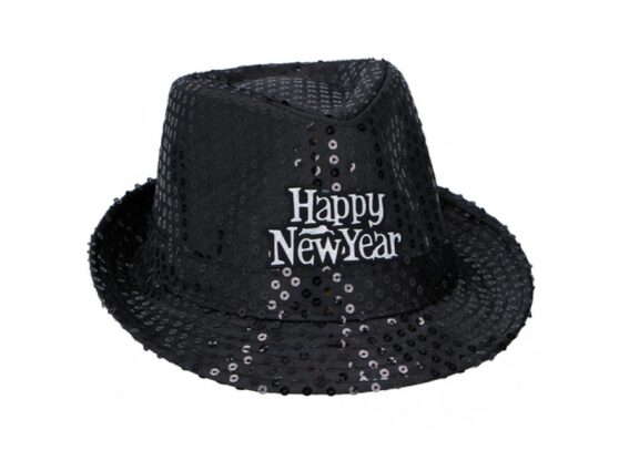 Καπέλο fedora με πούλιες και επιγραφή Happy New Year, 27x23x12cm, Μαύρο