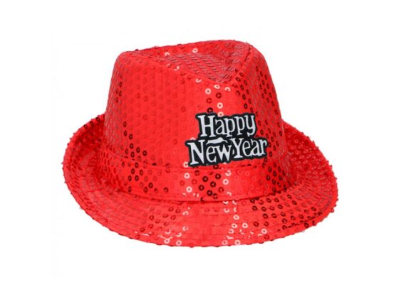 Καπέλο fedora με πούλιες και επιγραφή Happy New Year, 27x23x12cm, Κόκκινο