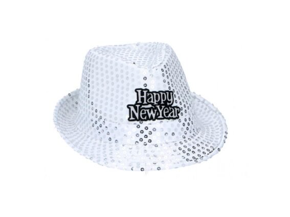 Καπέλο fedora με πούλιες και επιγραφή Happy New Year, 27x23x12cm, Λευκό