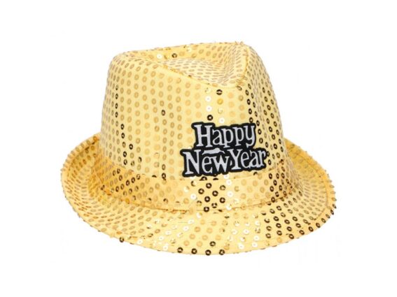 Καπέλο fedora με πούλιες και επιγραφή Happy New Year, 27x23x12cm, Κίτρινο