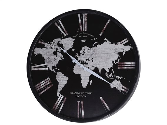 Aria Trade Αναλογικό Μεταλλικό Ρολόι Τοίχου με απεικόνιση χάρτη σε μαύρη απόχρωση 57x57x5cm