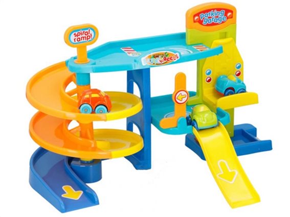 Let's Play Παιδικό Γκαράζ 2 επιπέδων με 3 αυτοκινητάκια,  46x31x28 cm, μπλε-κίτρινο χρώμα