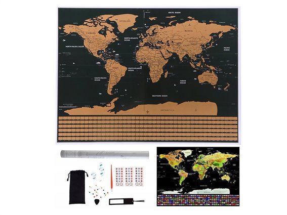 Aria Trade Παγκόσμιος Χάρτης Ξυστό με Αξεσουάρ σε μαύρο-χρυσό χρώμα, Scratch map world 82x59 cm