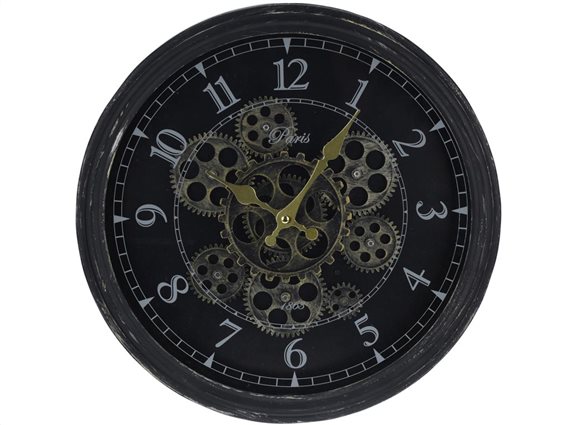 Aria Trade Αναλογικό Ρολόι Τοίχου με διάμετρο 37 cm και κινούμενα γρανάζια σε μαύρο χρώμα