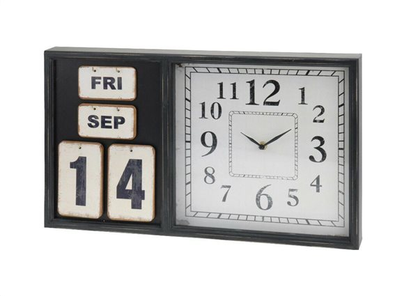 Aria Trade Ξύλινο Ρολόι Τοίχου με Ημερολόγιο σε μαύρο χρώμα, 50x30x5 cm