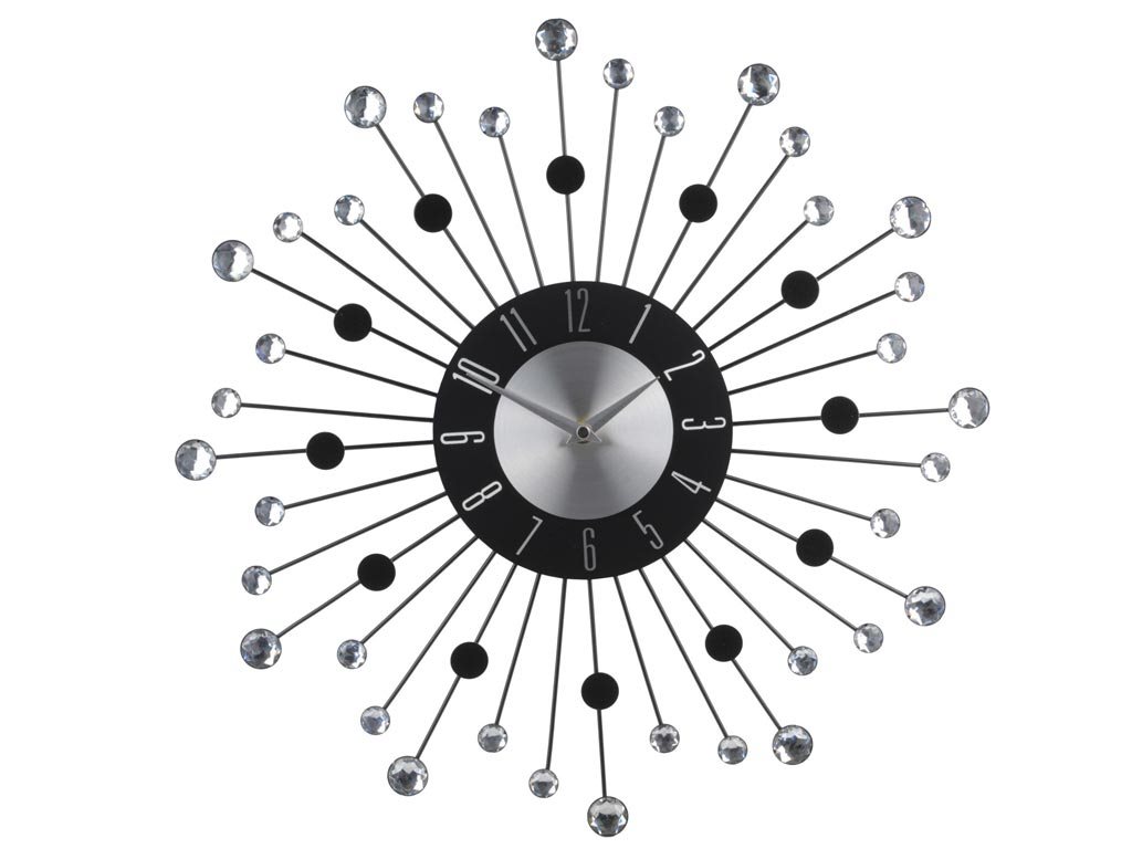 Αναλογικό Ρολόι Τοίχου με πέτρες, κρύσταλλα και διάμετρο 43 cm, Crystal clock Μαύρες Κουκκίδες