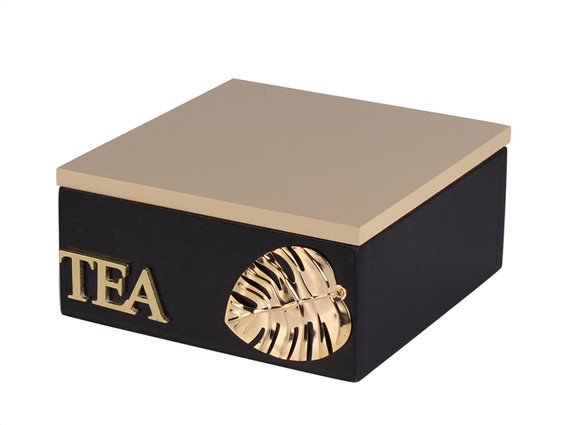Ξύλινο Κουτί Αποθήκευσης για φακελάκια τσαγιού με 4 θέσεις σε Μαύρο χρώμα, 15x15x7 cm, Tea box
