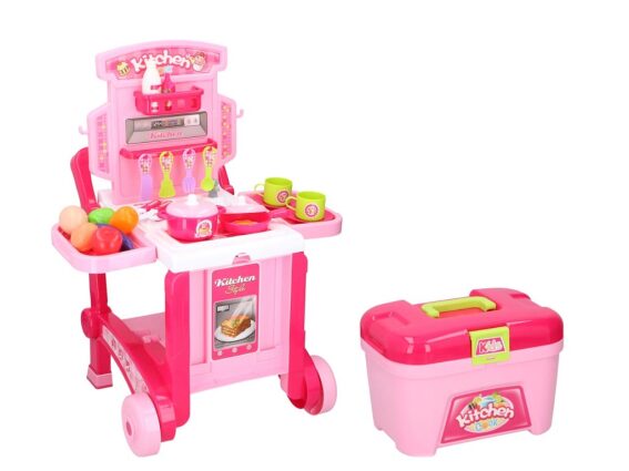 Eddy Toys Παιδική Κουζίνα Καρότσι με Βαλιτσάκι 3 σε 1 σε ροζ χρώμα, 41x46.5x58.5 cm