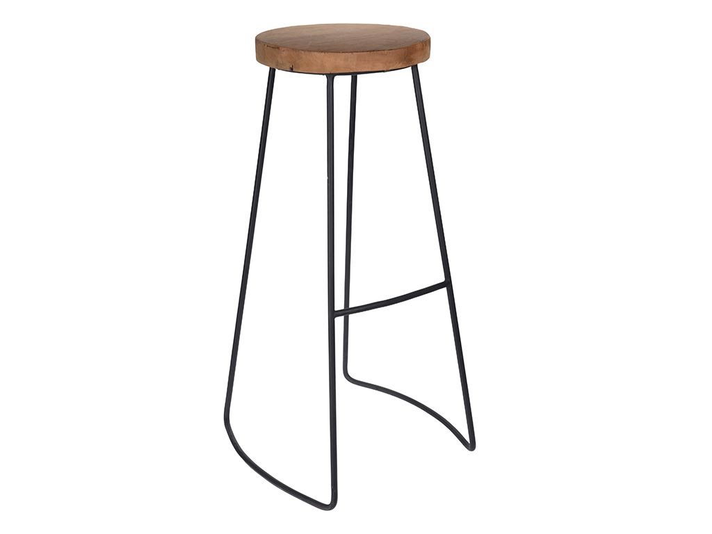 Ξύλινο Σκαμπό Μπαρ με μεταλλική βάση σε μαύρο χρώμα, 30x45x79 cm, Teak bar stool