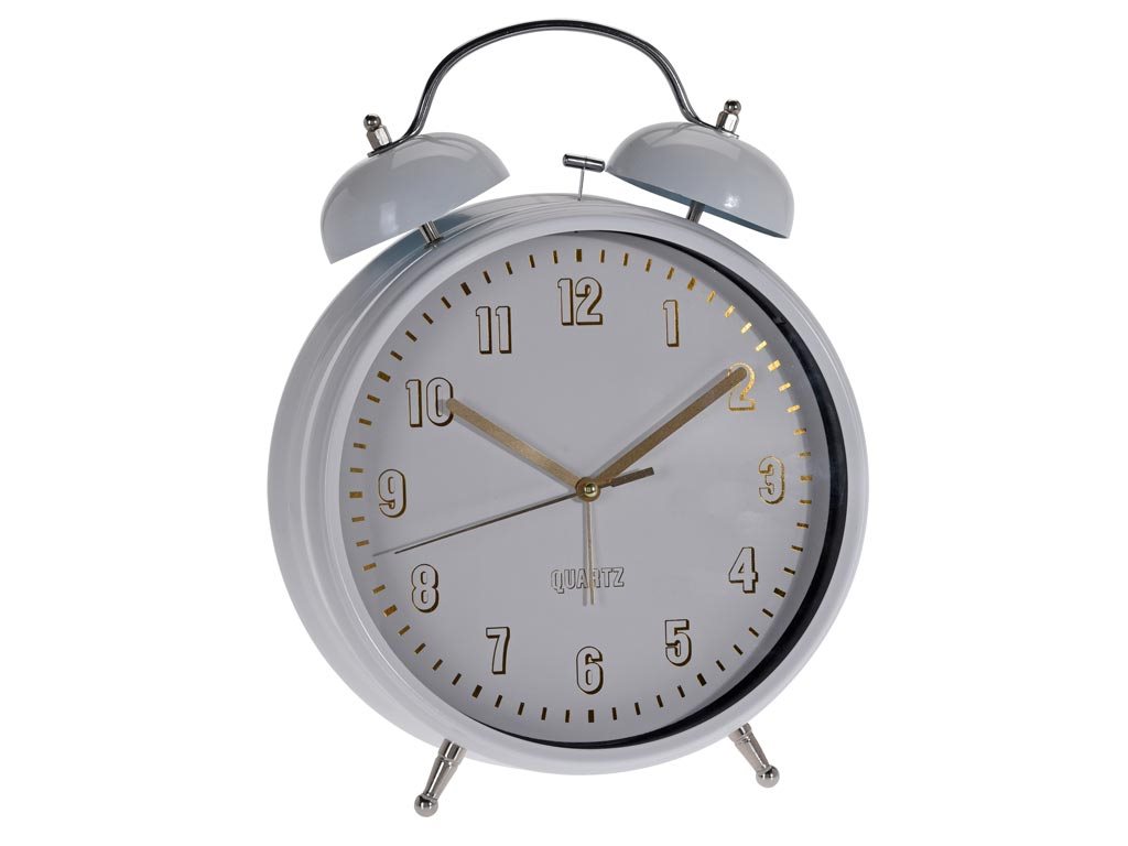 Μεταλλικό vintage ρολόι ξυπνητήρι με διπλό καμπανάκι και φωτισμό, σε Λευκό χρώμα 23,5x8,2x30,5 cm