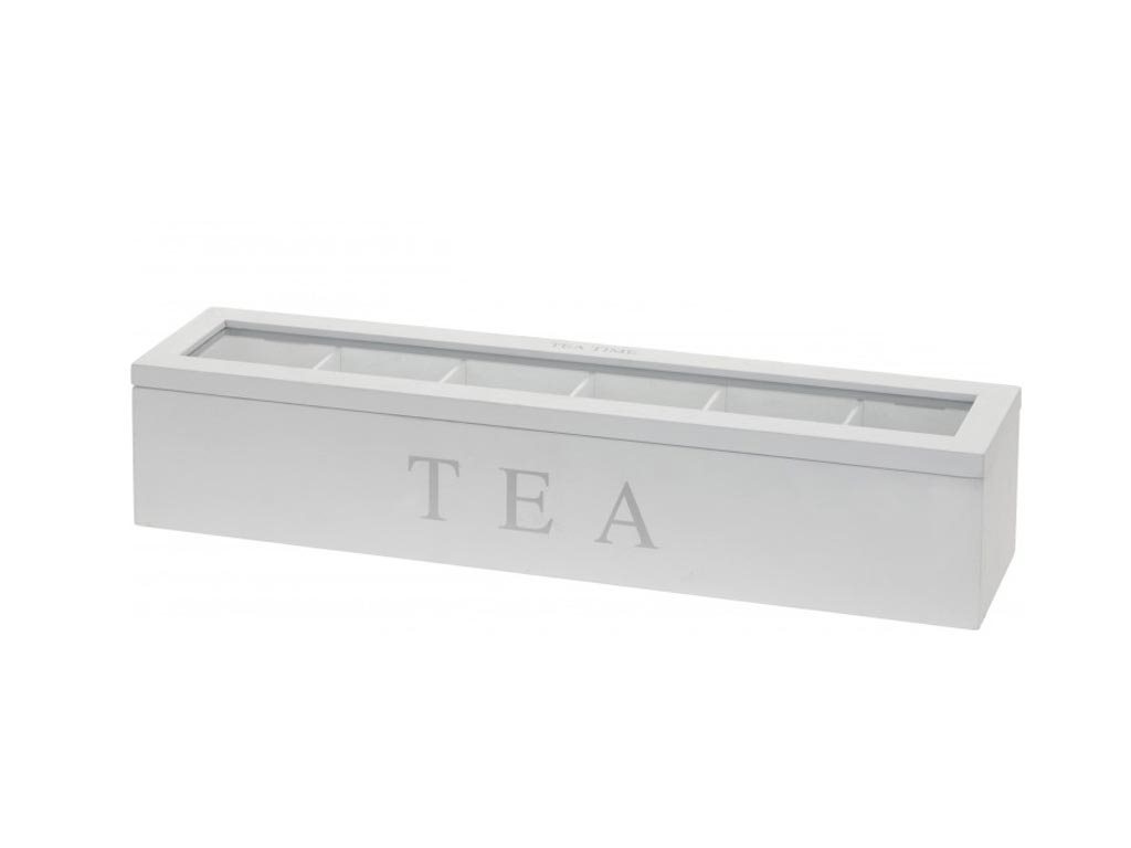 Ξύλινο Κουτί Αποθήκευσης για φακελάκια τσαγιού με διάφανο καπάκι σε λευκό χρώμα, 43x9x8.7 cm