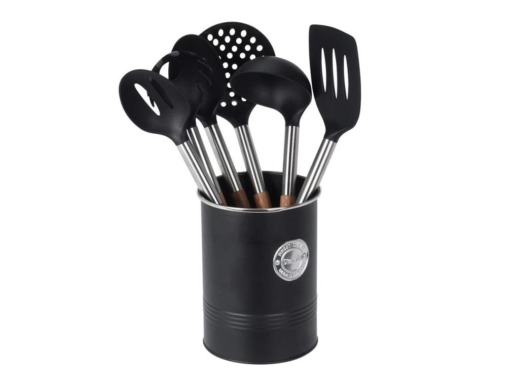Σετ Εργαλεία Μαγειρικής 7 τεμαχίων με ξύλινη λαβή και βάση στήριξης σε μαύρο χρώμα, Kitchen tool set