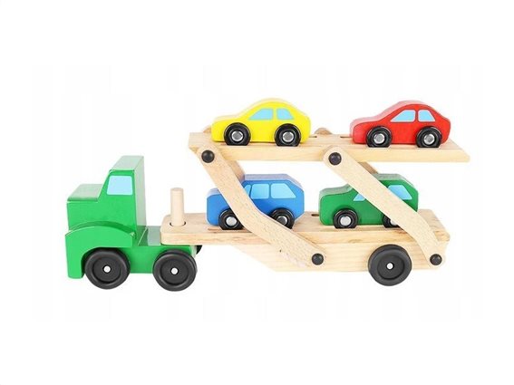 Ξύλινο Παιχνίδι Φορτηγό Μεταφοράς με 4 αυτοκίνητα, 32x7.3x16.5 cm