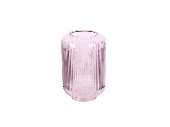 Γυάλινο βάζο ανάγλυφο διακοσμητικό σε ροζ χρώμα, ύψους 21.5 cm
