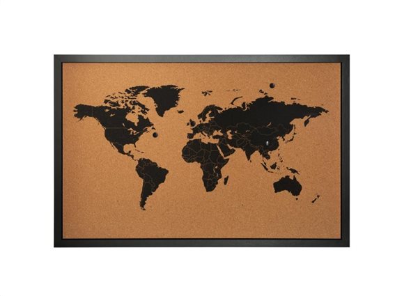 Παγκόσμιος χάρτης από φελλό, πινέζες και μαύρο ξύλινο πλαίσιο, 58x38x2 cm